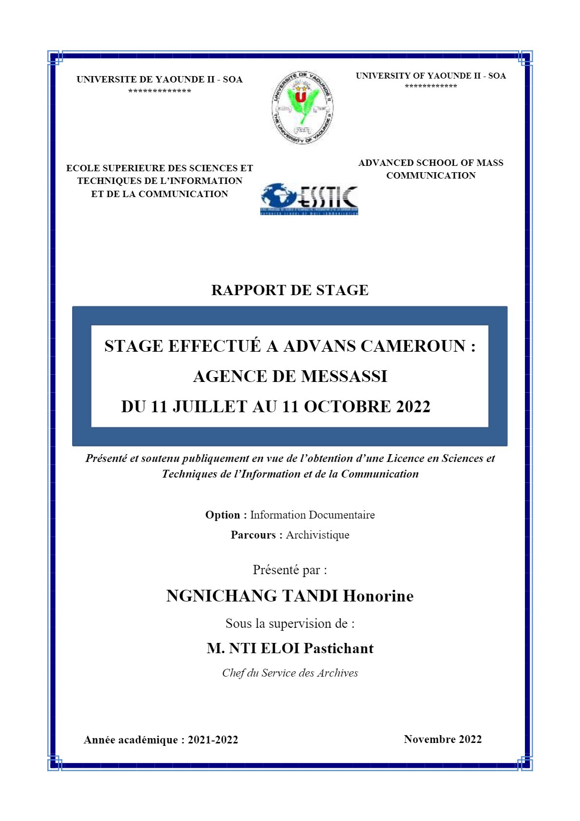 STAGE EFFECTUÉ A ADVANS CAMEROUN : AGENCE DE MESSASSI