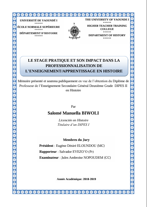 LE STAGE PRATIQUE ET SON IMPACT DANS LA  PROFESSIONNALISATION DE  L’ENSEIGNEMENT/APPRENTISSAGE EN HISTOIRE