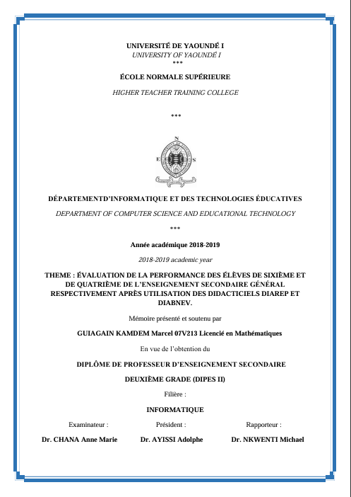 ÉVALUATION DE LA PERFORMANCE DES ÉLÈVES DE SIXIÈME ET  DE QUATRIÈME DE L’ENSEIGNEMENT SECONDAIRE GÉNÉRAL  RESPECTIVEMENT APRÈS UTILISATION DES DIDACTICIELS DIAREP ET  DIABNEV.
