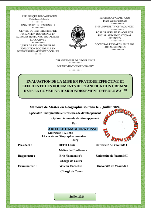 EVALUATION DE LA MISE EN PRATIQUE EFFECTIVE ET  EFFICIENTE DES DOCUMENTS DE PLANIFICATION URBAINE  DANS LA COMMUNE D’ARRONDISSEMENT D’EBOLOWA IER